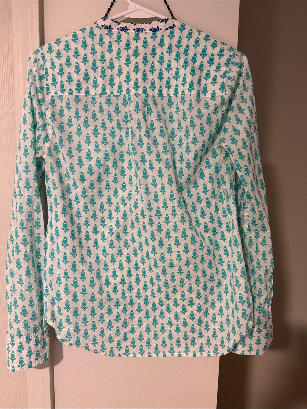 J. Crew White Button-Front Shirt with Teal Allover Print and Blue Trim - Picture 3 of 7